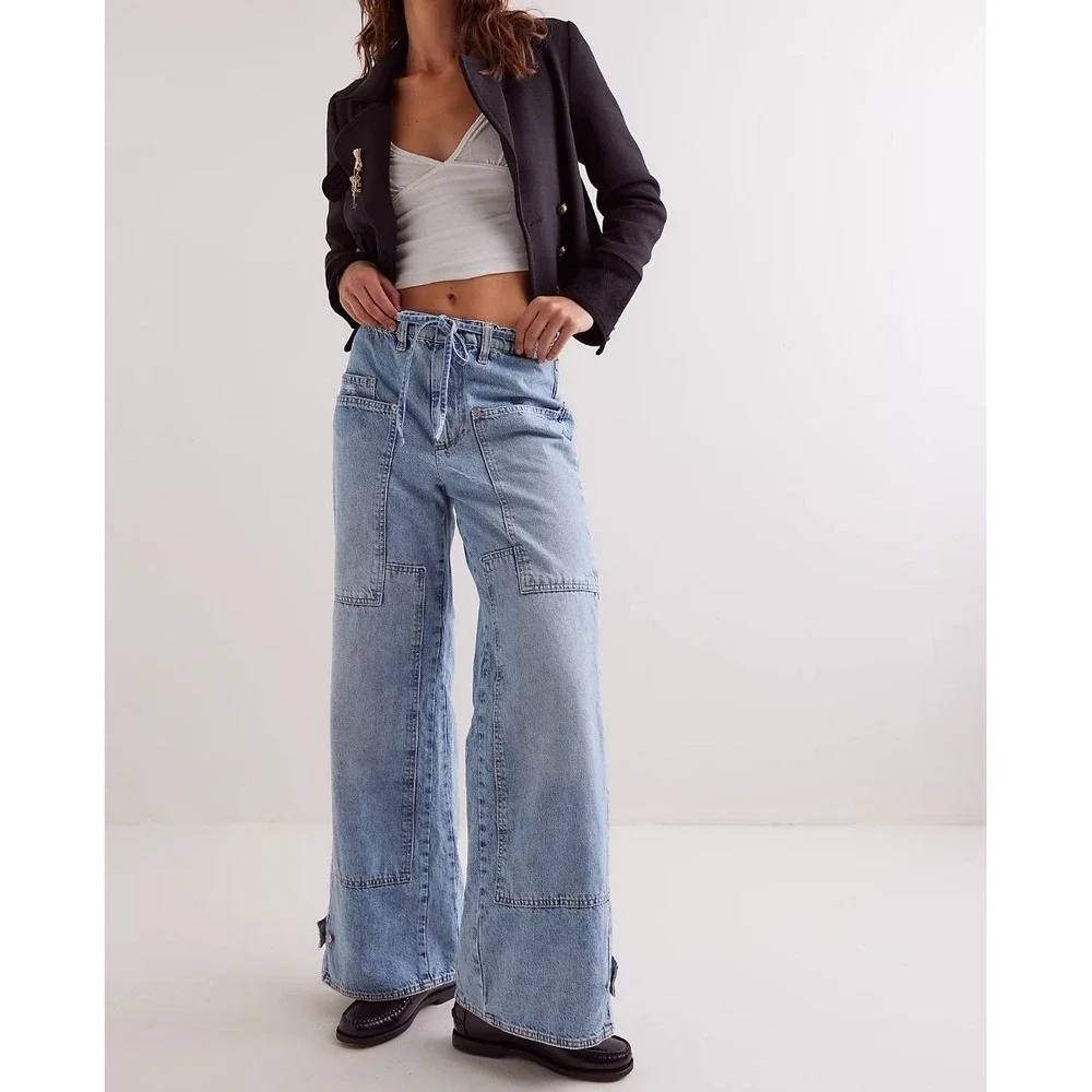 Free People CRVY Outlaw Wide Leg Jeans Womens S Blue Grunge Boho Gorpcore